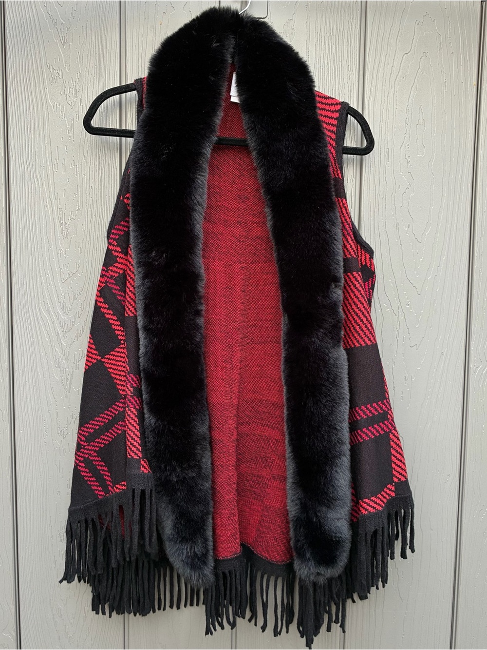 Northern Angel Plaid Shawl Cardigan Vest Faux Fur Collar Boho Tribal Witch Goth
